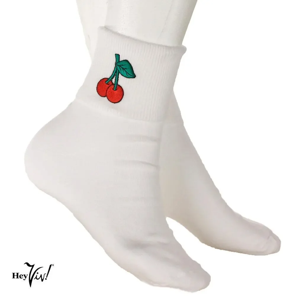 Cherry Bobby Socks Womens 9-11 Socks w Embroidered Appliques - Hey Viv